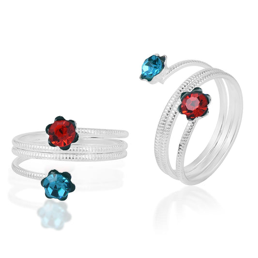 Silverplated Red & Blue CZ Bichiya Fashion Toerings Women