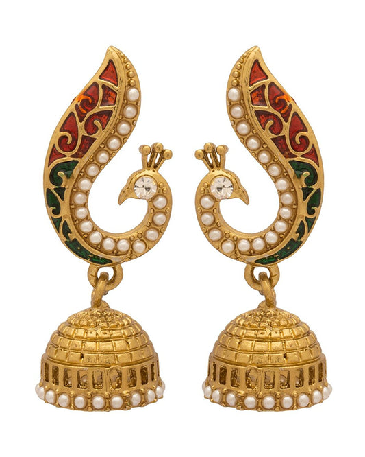 Gold Plated Colourful Meenakari Pearl Beaded Peacock Dangle & Drop Jhumki for Women